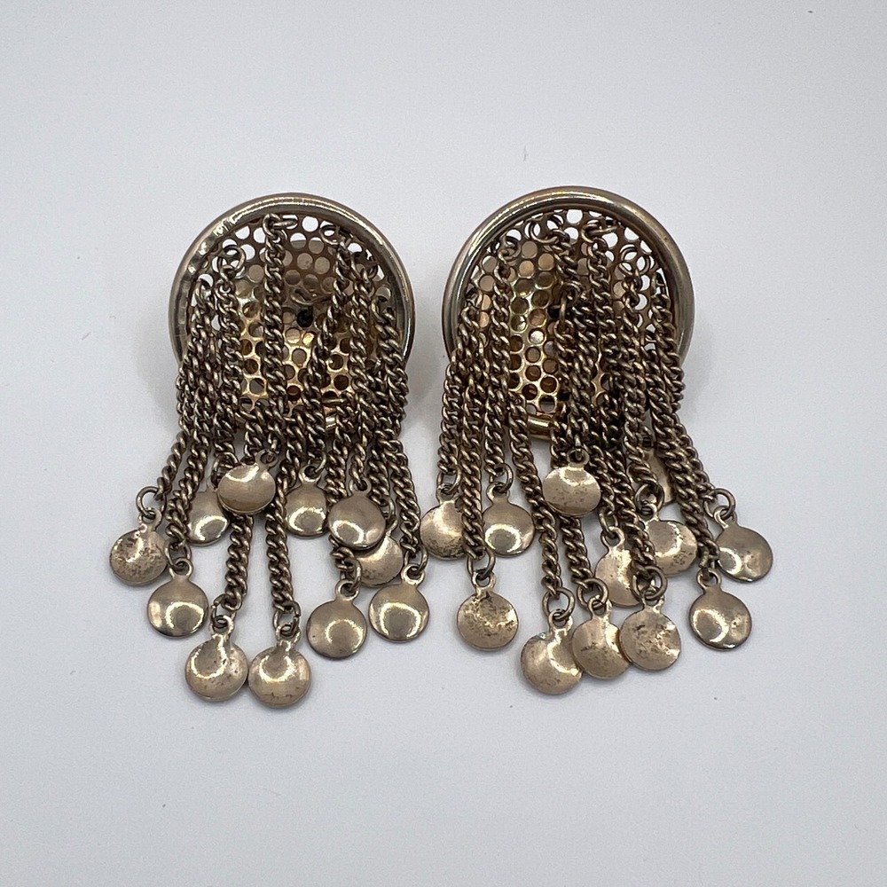 Vintage Gold Tone Fringe Disc Tassel Clip On Earrings Boho Statement Dangle